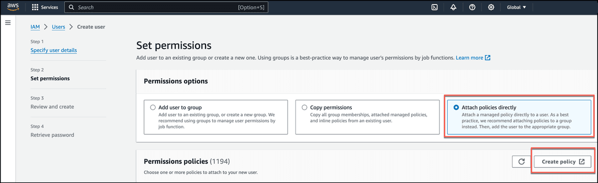 Screenshot showing on the Set Permissions page, attach the following policy to the user.