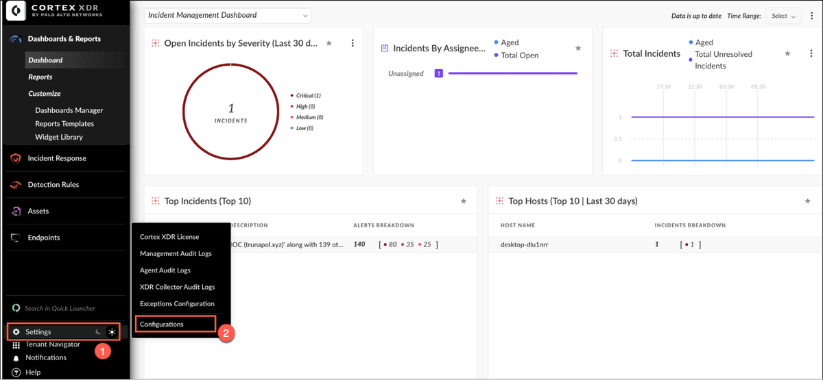 Screenshot showing in Cortex XDR, navigate to Settings → Configurations → Integrations → API Keys.