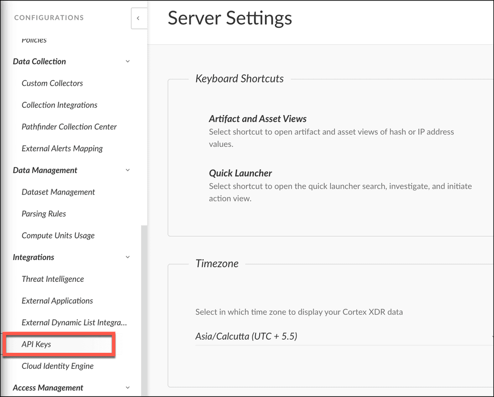 Screenshot showing in Cortex XDR, navigate to Settings → Configurations → Integrations → API Keys.