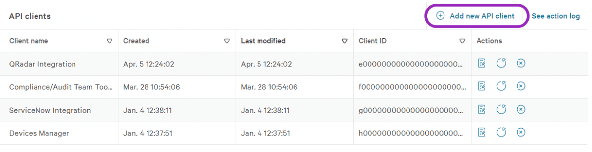 Screenshot showing click + Add new API Client.