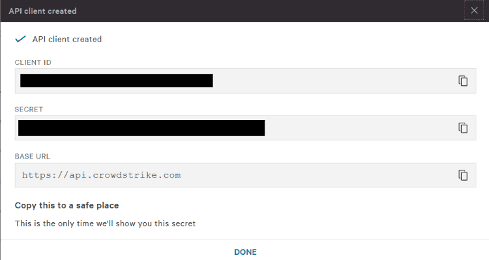 Screenshot showing the confirmation screen with the Client ID and Client Secret.