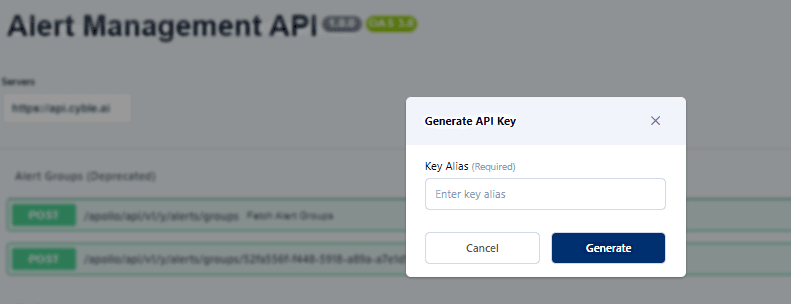 Screenshot showing a window will appear prompting you to provide an Alias Name for the API key.