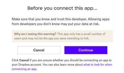 Screenshot showing you will be redirected to the Dropbox permission page.