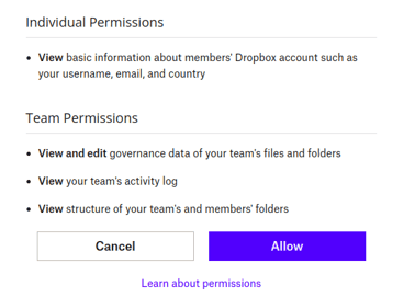 Screenshot showing allow the app to pull logs from Dropbox on your behalf.