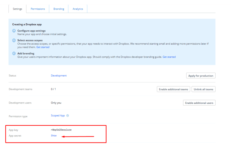 Screenshot showing on the Settings tab, copy the App Key and App Secret values and store them in a secure location.