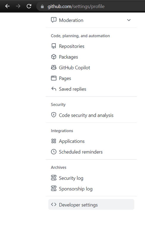 Screenshot showing in the left sidebar, click Developer settings.