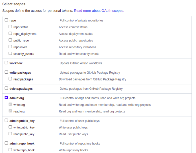 Screenshot showing select the admin:org scope permission for the API token.