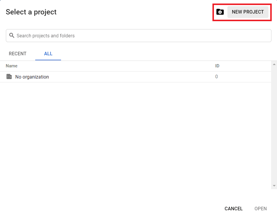Screenshot showing the project selected once created.