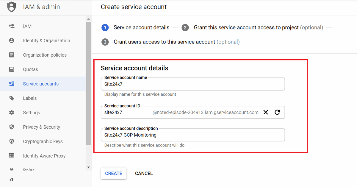 Screenshot showing the ellipsis menu for a service account with the Manage Keys option.