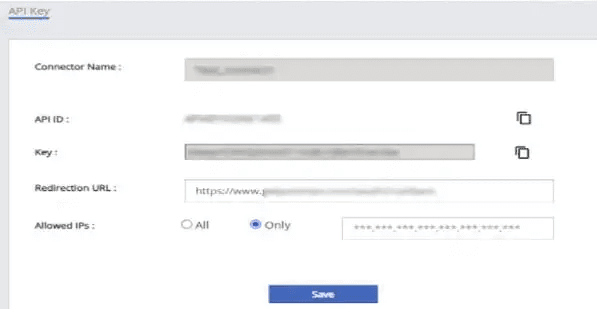Screenshot showing the Save button on the API Key configuration screen