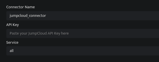 Screenshot showing the JumpCloud connector configuration fields
