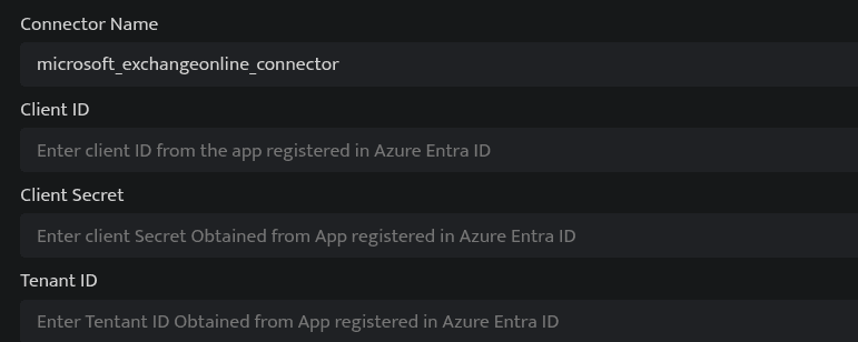 Screenshot showing the Microsoft Exchange Online connector configuration fields