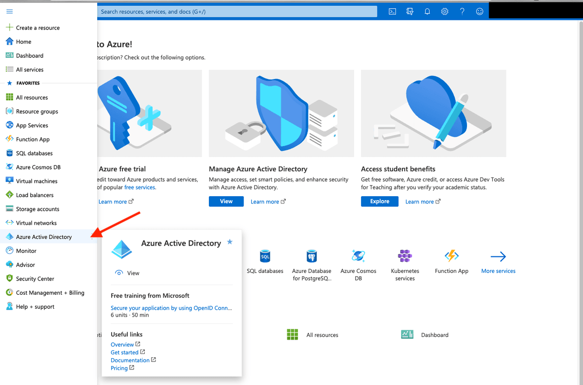 Screenshot showing Azure Active Directory in the left menu