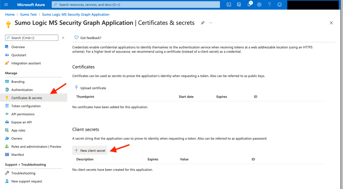 Screenshot showing the Add a client secret pane