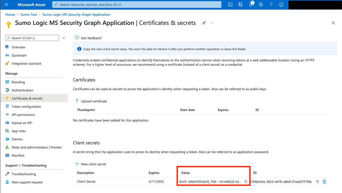 Screenshot showing the generated Client Secret value