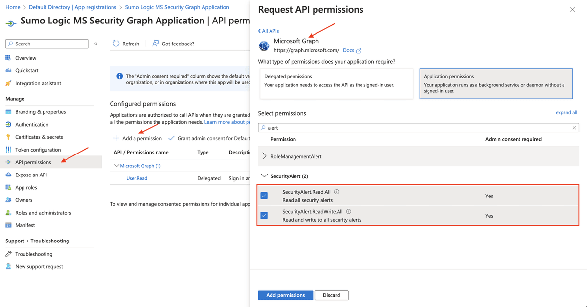 Screenshot showing the selected Microsoft Graph API permissions