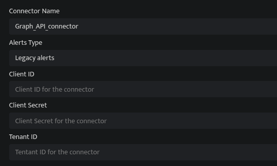 Screenshot showing the Microsoft Graph Security API connector configuration fields