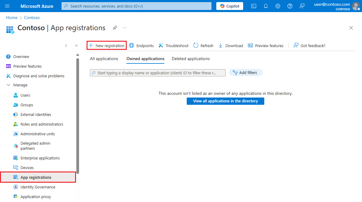 Screenshot showing the New registration option