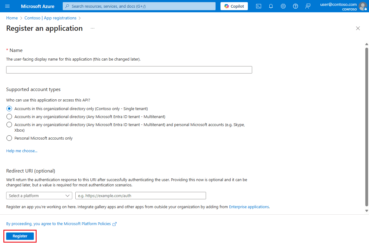 Screenshot showing the app registration form