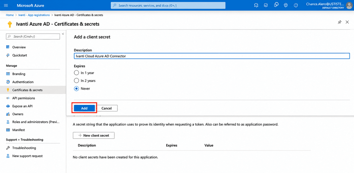 Screenshot showing the client secret description form