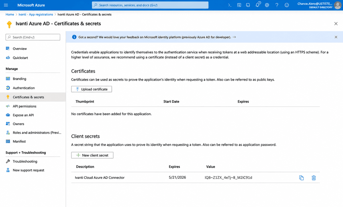 Screenshot showing the newly created client secret