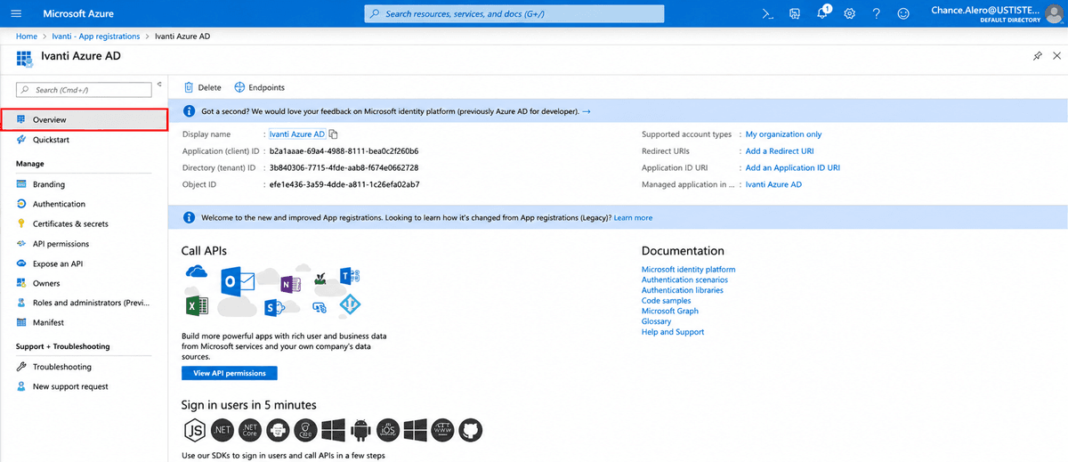 Screenshot showing the Application (client) ID and Directory (tenant) ID