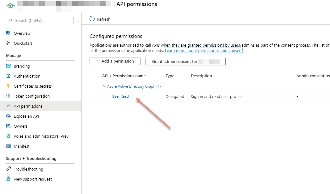 Screenshot of API permissions with Admin Consent granted
