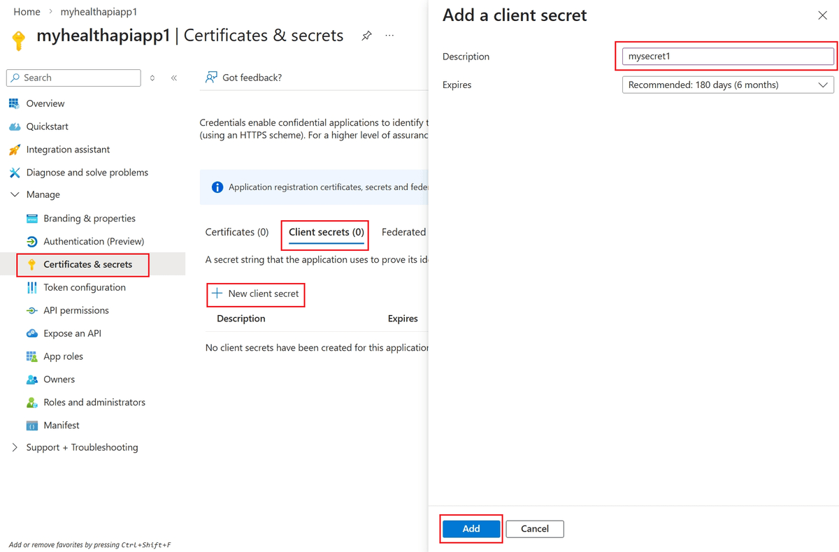Screenshot of the New Client Secret dialog