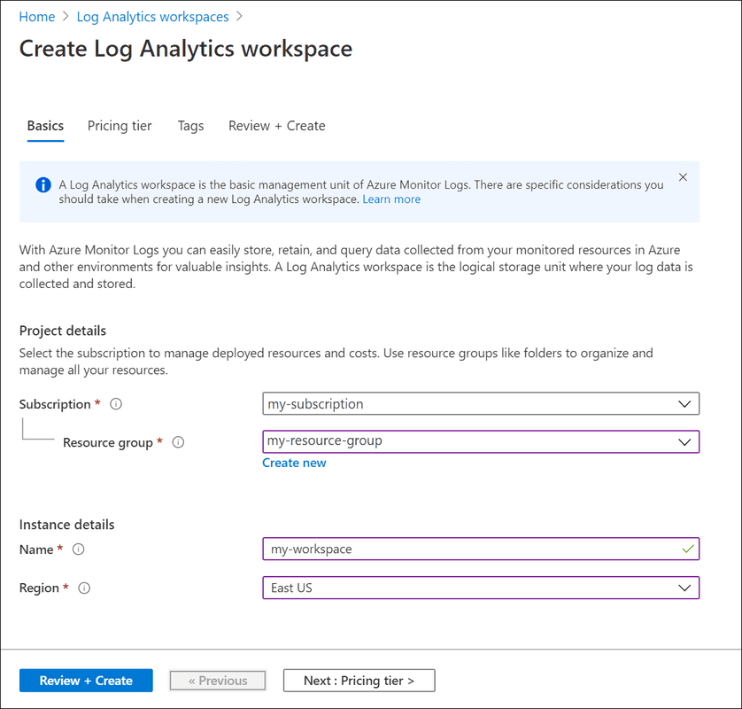 Screenshot of the Log Analytics workspaces search results