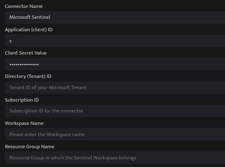 Screenshot of the Microsoft Sentinel connector configuration form in Bloo
