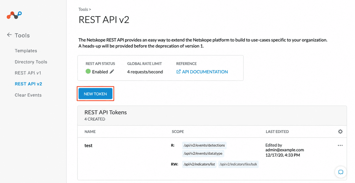 Screenshot of the Create REST API Token window