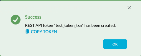 Screenshot of the token creation confirmation with the COPY TOKEN button