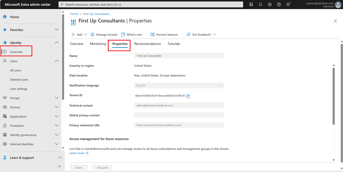 Screenshot of the Azure Active Directory Properties page showing the Tenant ID