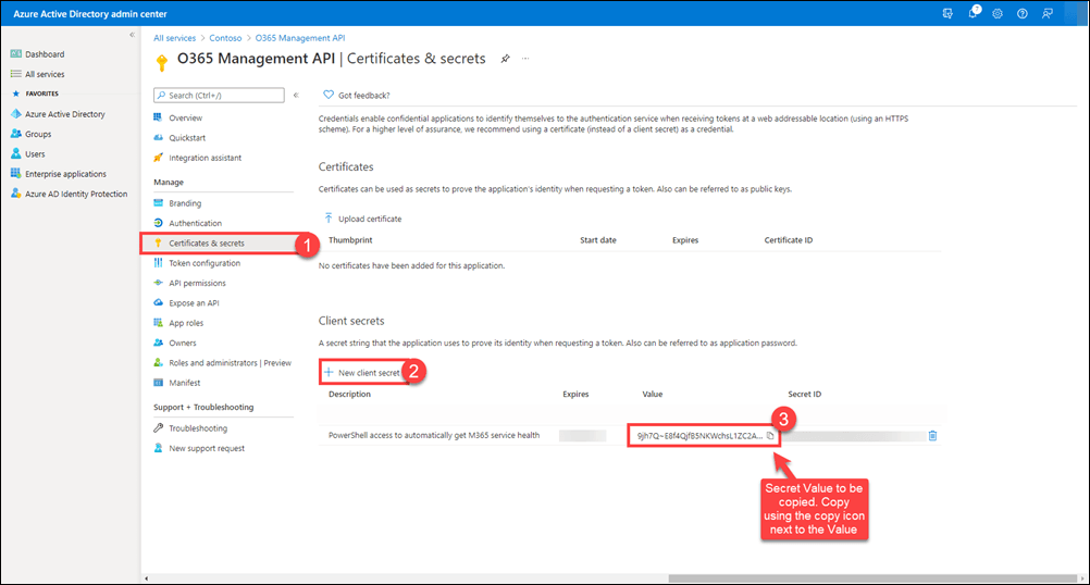 Screenshot of the generated client secret value