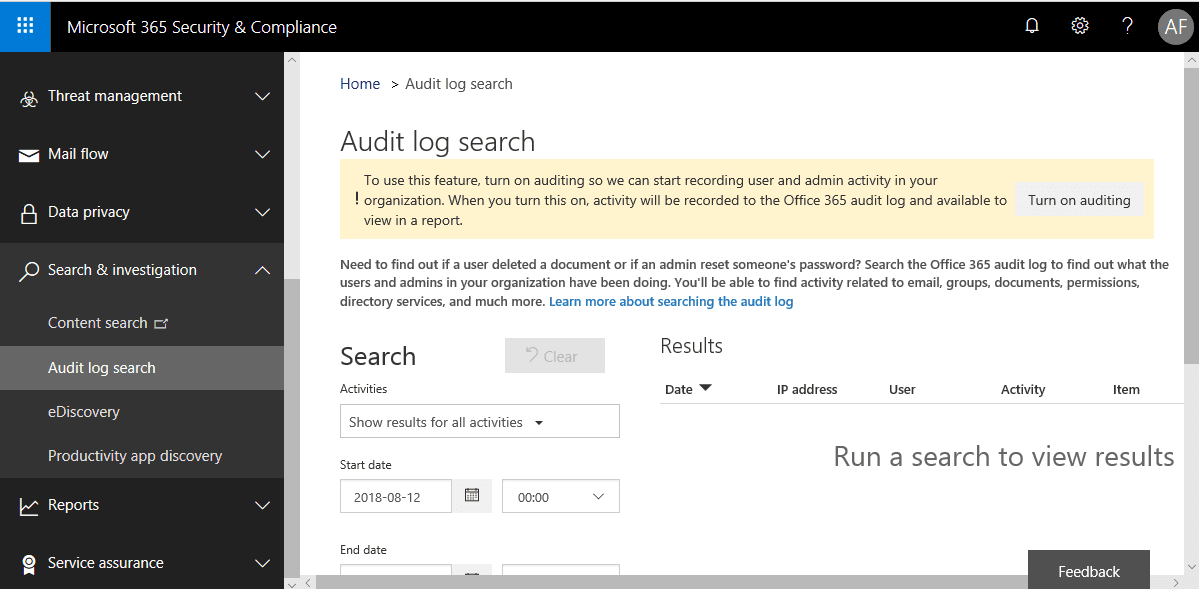 Screenshot of the Audit log search page with the Turn on auditing button
