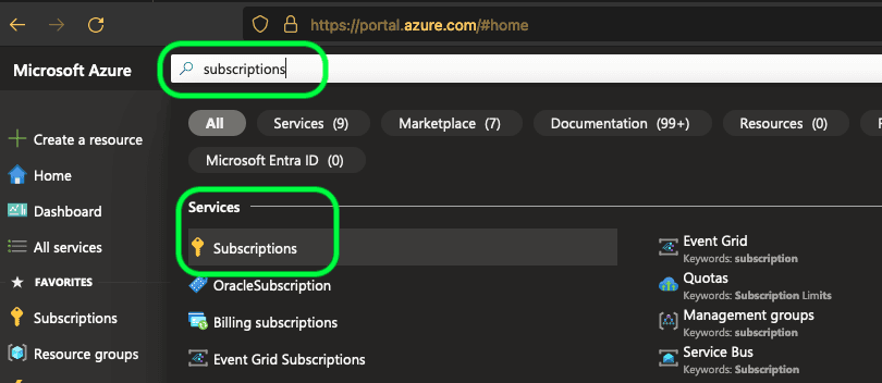 Screenshot of the Subscriptions search result in the Azure portal