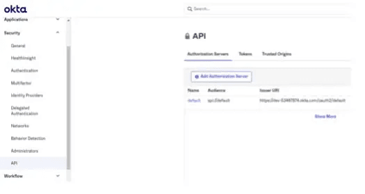 Screenshot of the Security section with the API option in the left navigation bar