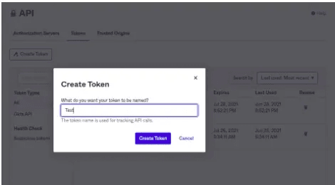 Screenshot of the Tokens tab for creating an API token