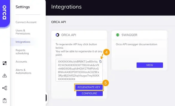 Screenshot of the Orca API section showing the Regenerate Key option
