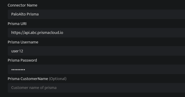 Screenshot of the Prisma Alerts connector configuration form in Bloo