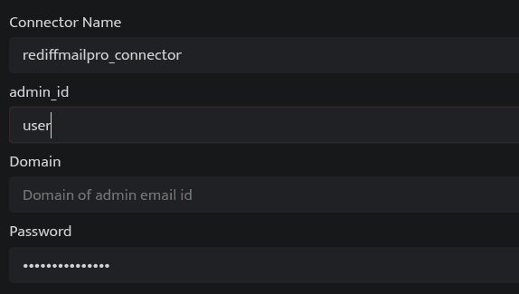 Screenshot of the RediffMail Pro connector configuration form in Bloo