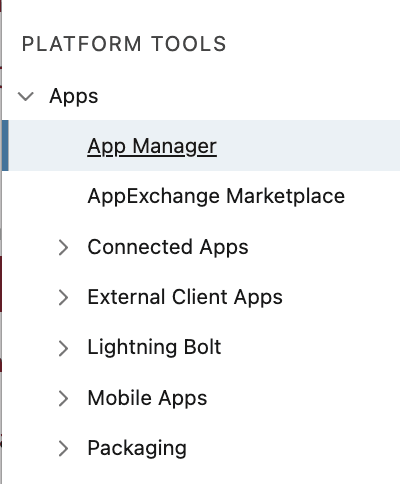 Screenshot of the Apps → App Manager navigation in Salesforce