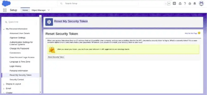 Screenshot of the Reset Security Token button