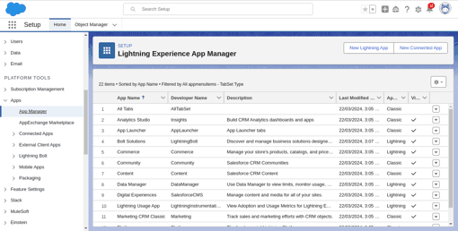 Screenshot of the Apps → App Manager navigation in Salesforce
