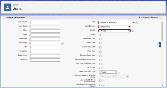 Screenshot of the New User form