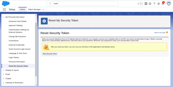 Screenshot of the Reset My Security Token option