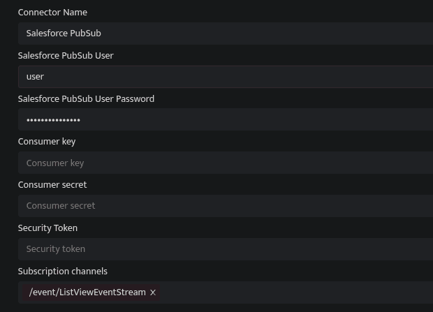 Screenshot of the Salesforce Pub/Sub connector configuration form in Bloo