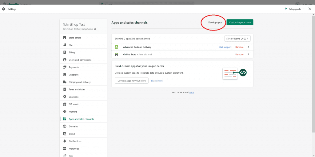 Screenshot of the Apps and sales channels → Develop apps navigation