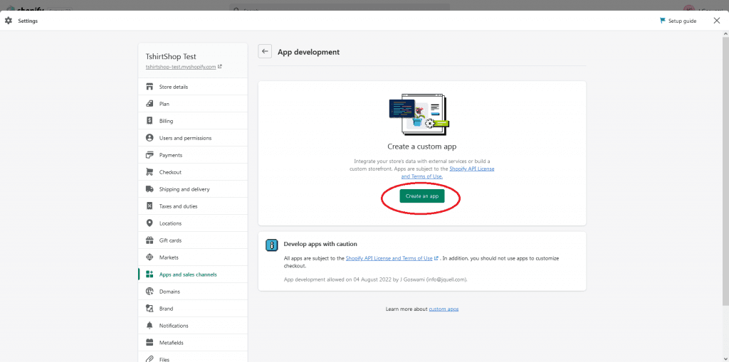 Screenshot of the Create an app button