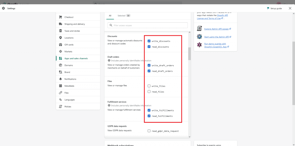 Screenshot of the Admin API scopes selection